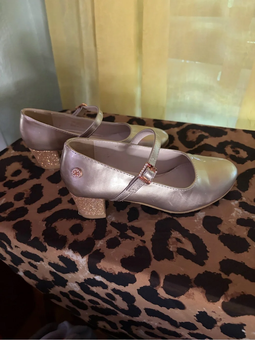 Nine West Girls Metallic Champagne Mary Jane Heels with Glitter Block Heel